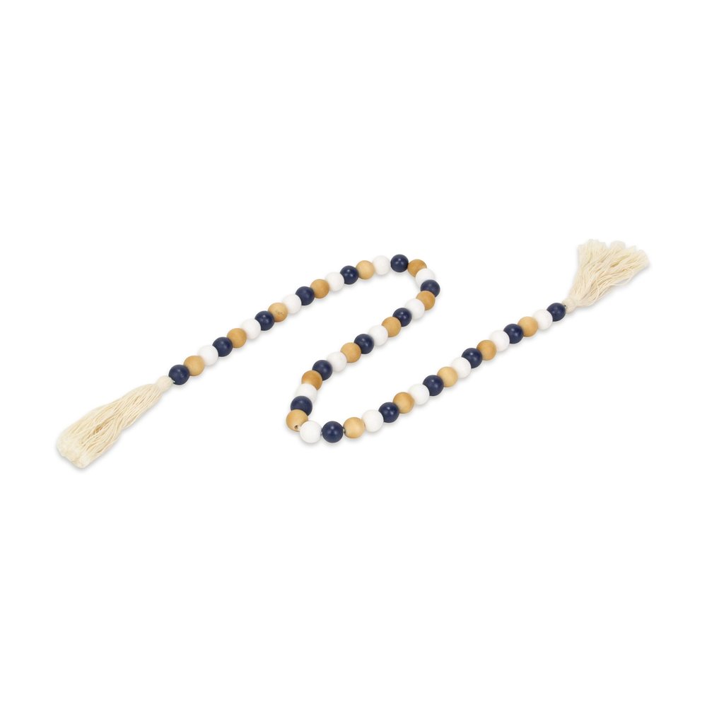 36" Blue Natural And White Wood Hand Painted Decorative Tassel