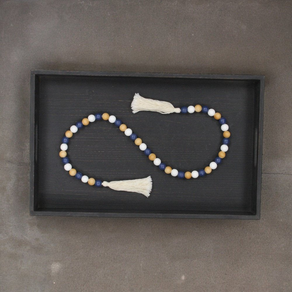 36" Blue Natural And White Wood Hand Painted Decorative Tassel
