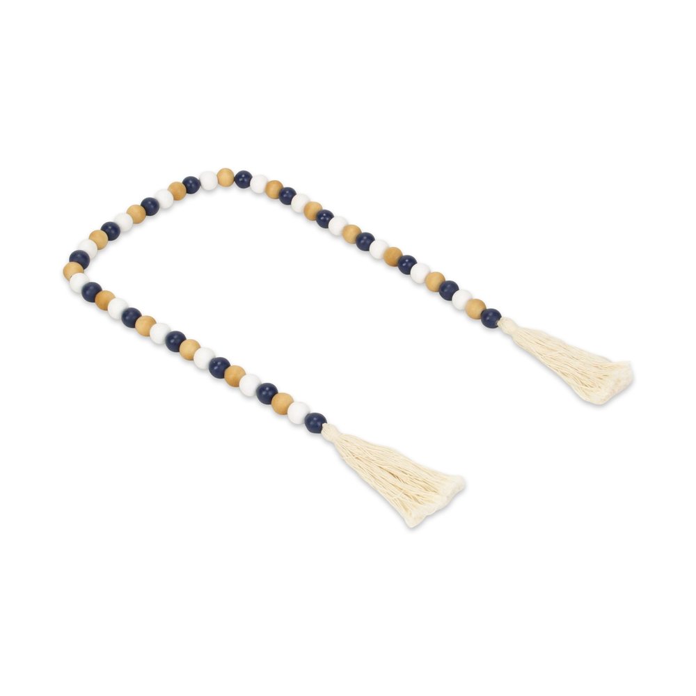 36" Blue Natural And White Wood Hand Painted Decorative Tassel