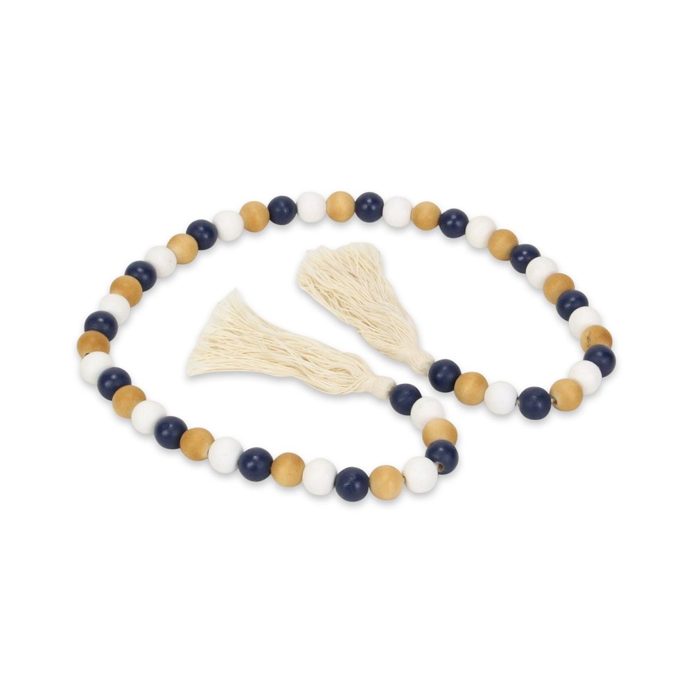 36" Blue Natural And White Wood Hand Painted Decorative Tassel
