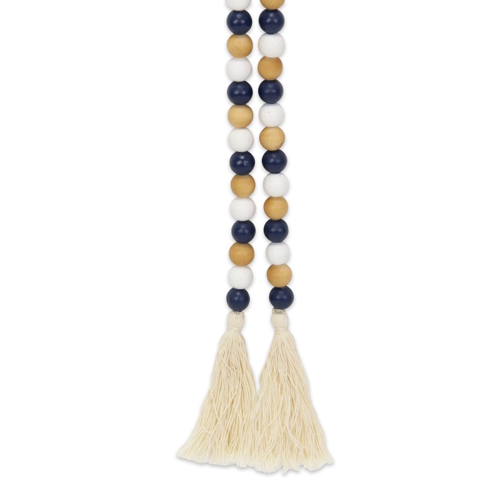 36" Blue Natural And White Wood Hand Painted Decorative Tassel