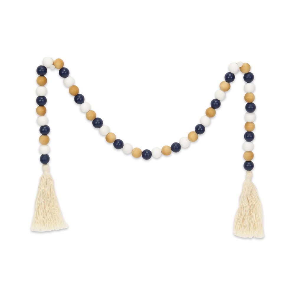 36" Blue Natural And White Wood Hand Painted Decorative Tassel