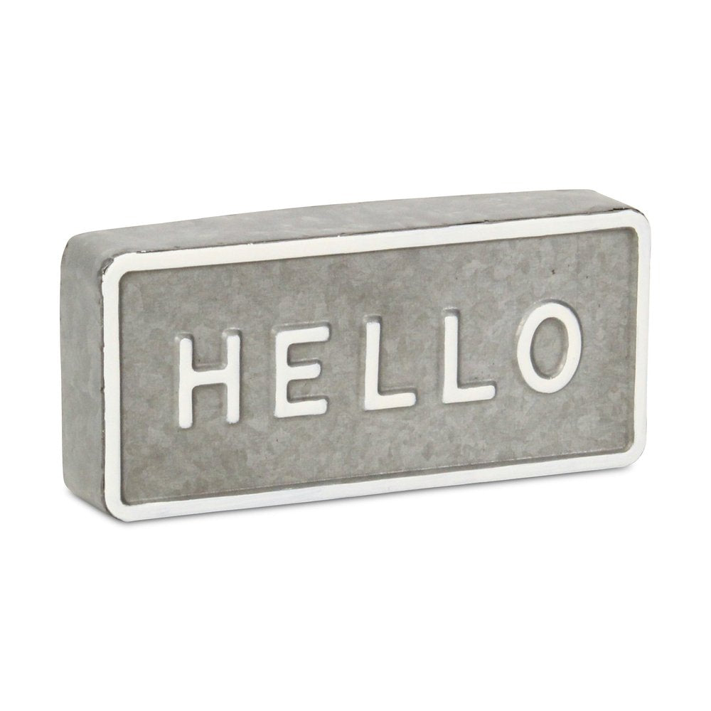 4" Gray And White Galvanized Metal Hello Hand Painted Tabletop Sign