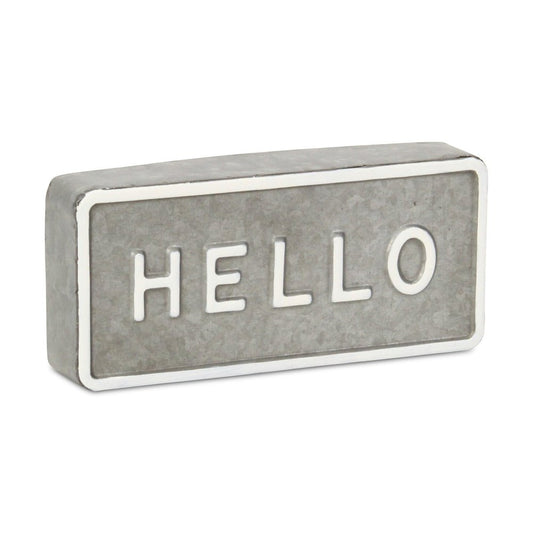 4" Gray And White Galvanized Metal Hello Hand Painted Tabletop Sign