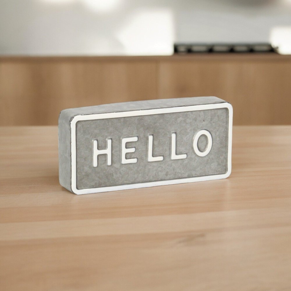 4" Gray And White Galvanized Metal Hello Hand Painted Tabletop Sign