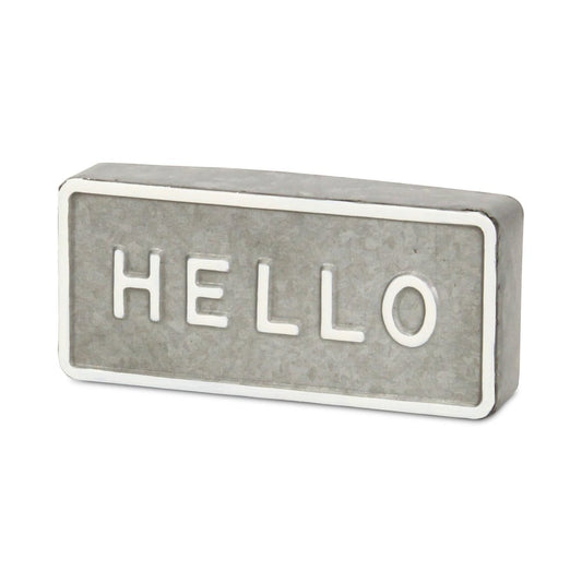 4" Gray And White Galvanized Metal Hello Hand Painted Tabletop Sign
