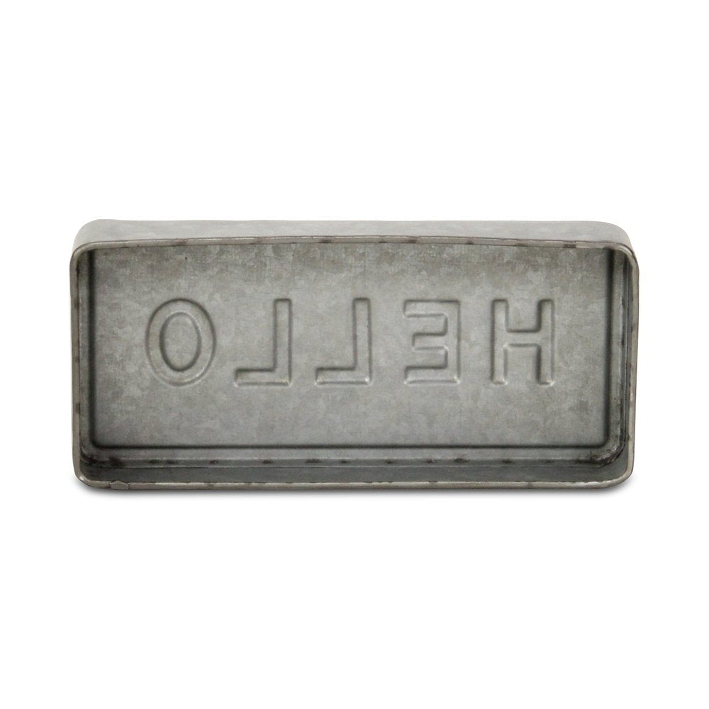 4" Gray And White Galvanized Metal Hello Hand Painted Tabletop Sign