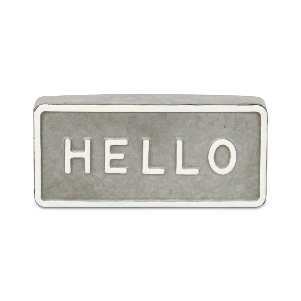 4" Gray And White Galvanized Metal Hello Hand Painted Tabletop Sign