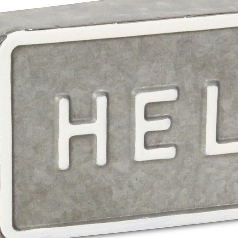 4" Gray And White Galvanized Metal Hello Hand Painted Tabletop Sign