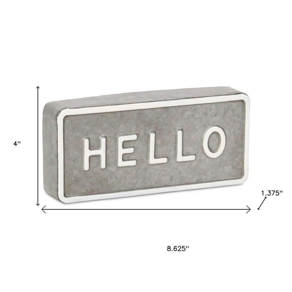 4" Gray And White Galvanized Metal Hello Hand Painted Tabletop Sign