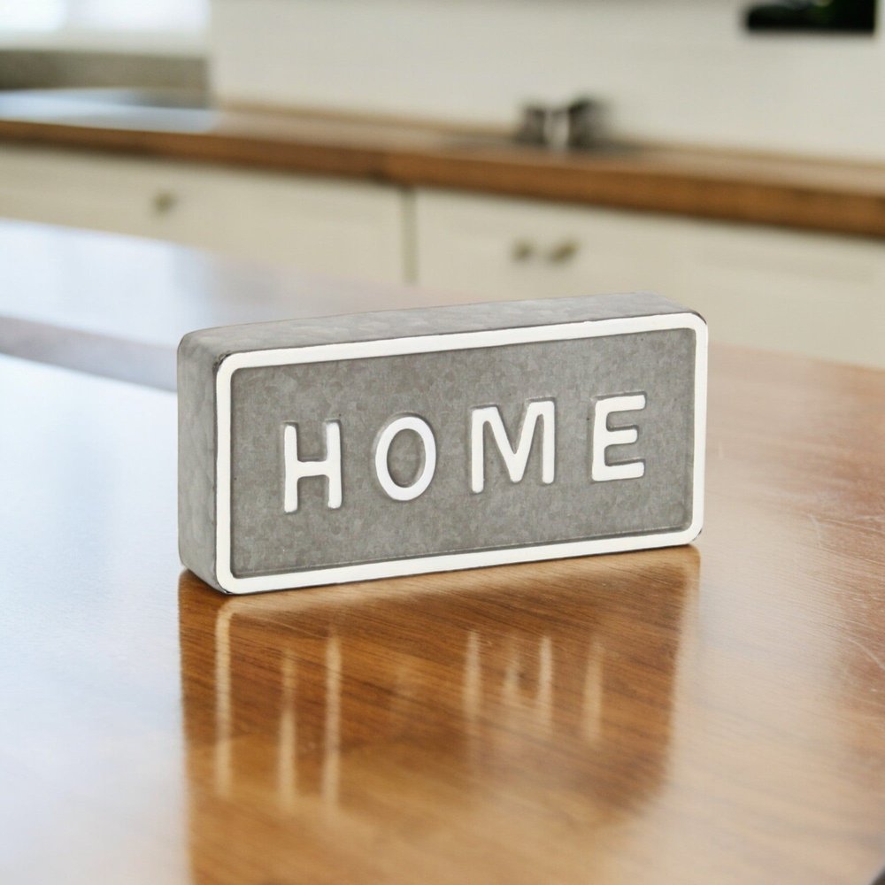 4" Gray And White Metal Home Hand Painted Tabletop Sign
