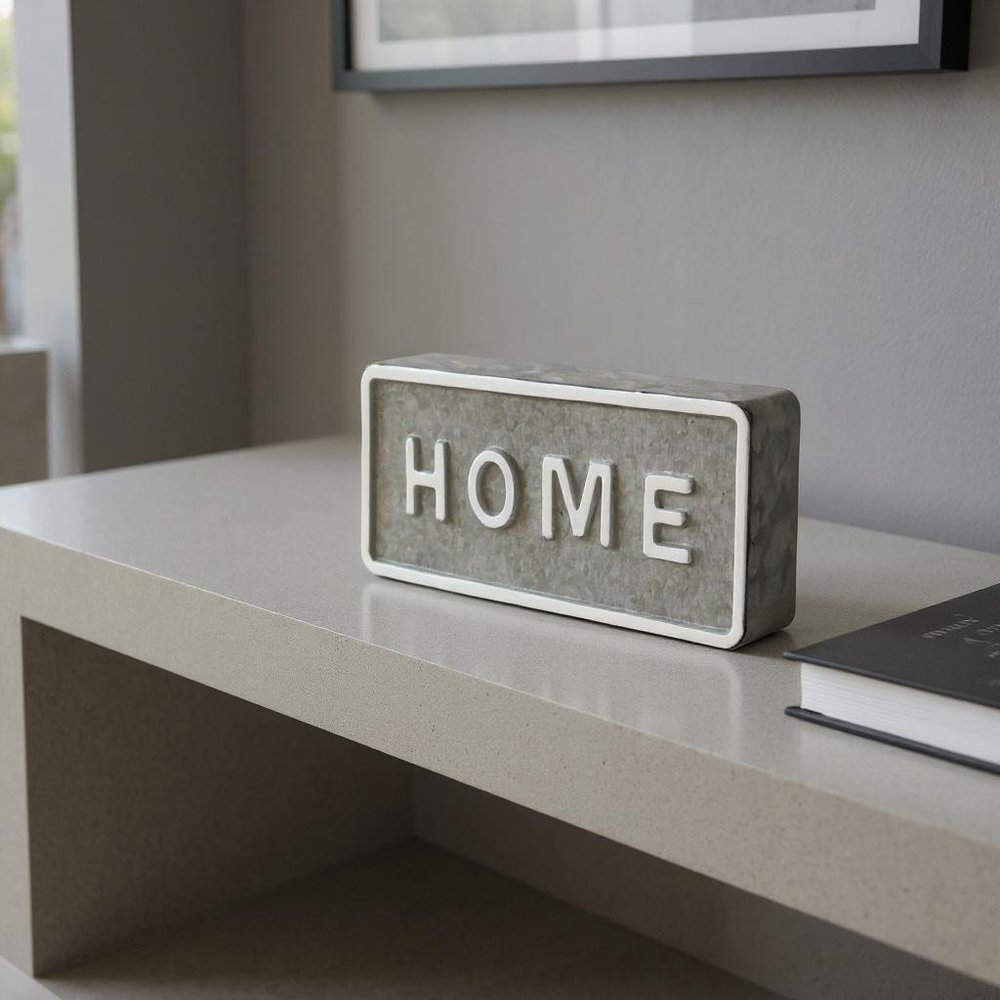 4" Gray And White Metal Home Hand Painted Tabletop Sign