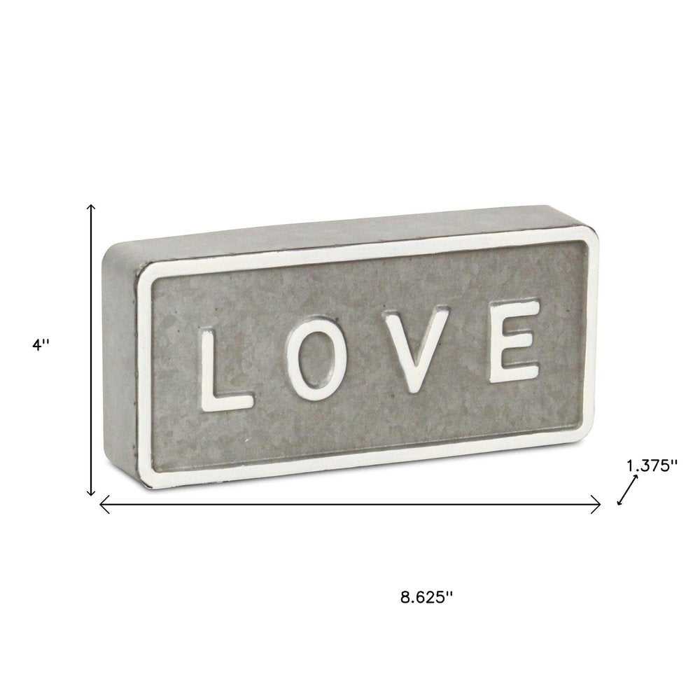 4" Gray And White Galvanized Metal Love Hand Painted Tabletop Sign