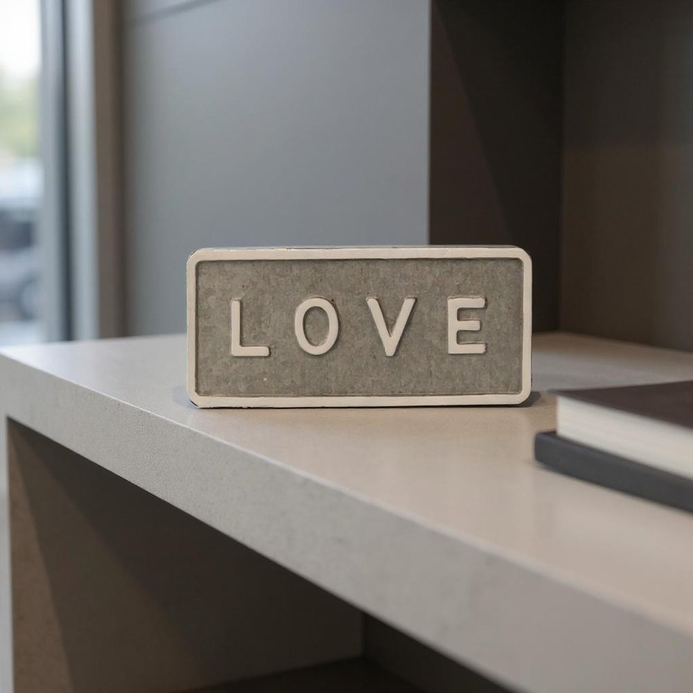 4" Gray And White Galvanized Metal Love Hand Painted Tabletop Sign