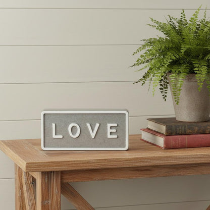 4" Gray And White Galvanized Metal Love Hand Painted Tabletop Sign