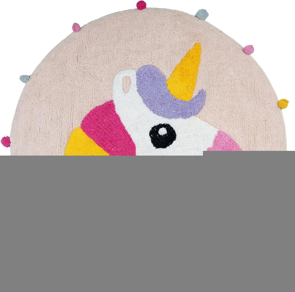 32" Pink And Yellow Cotton Unicorns Round Youthful Bath Rug
