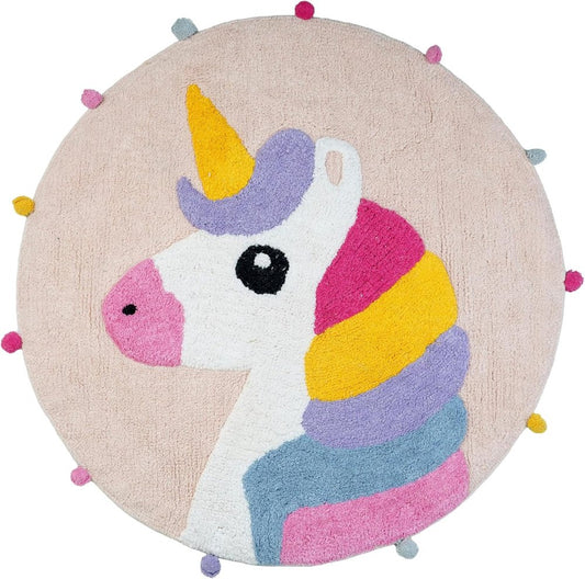32" Pink And Yellow Cotton Unicorns Round Youthful Bath Rug