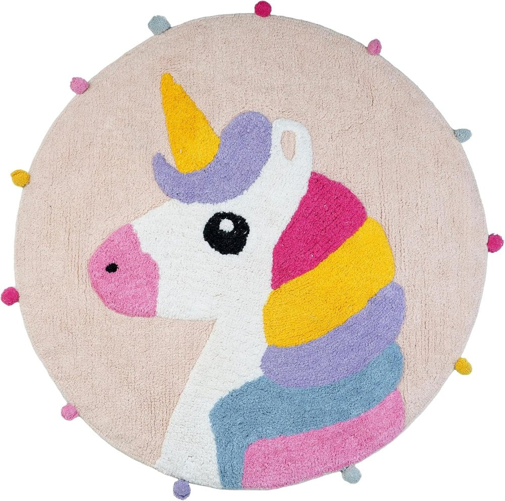 32" Pink And Yellow Cotton Unicorns Round Youthful Bath Rug