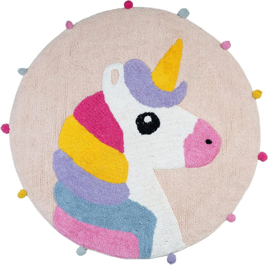 32" Pink And Yellow Cotton Unicorns Round Youthful Bath Rug