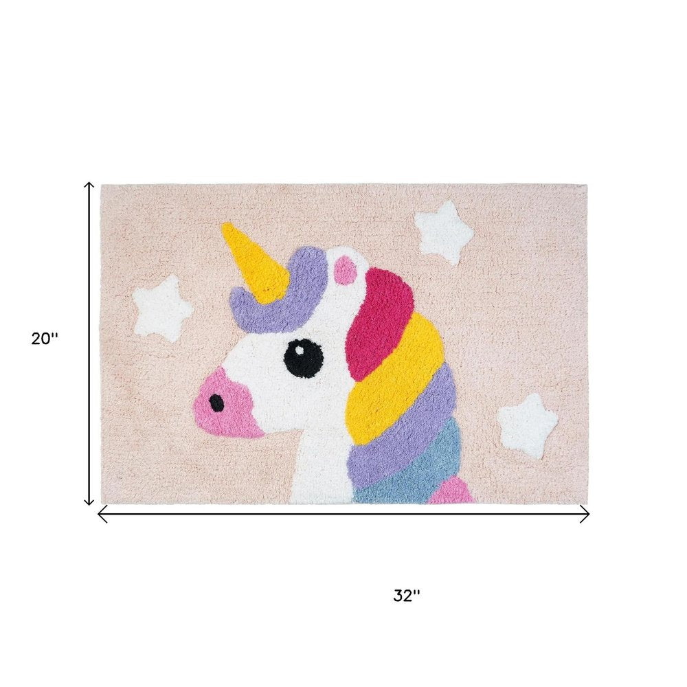 32" Pink And Yellow Cotton Unicorns Youthful Bath Rug