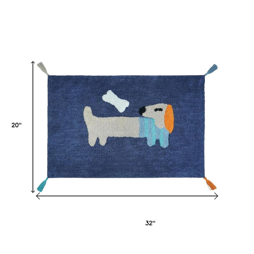 32" Blue Orange And White Cotton Dog Youthful Bath Rug