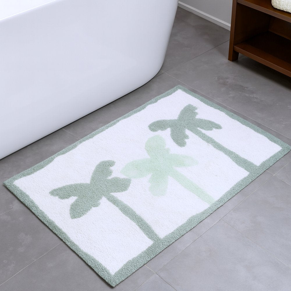 32" Green And White Cotton Palm Trees Bath Rug