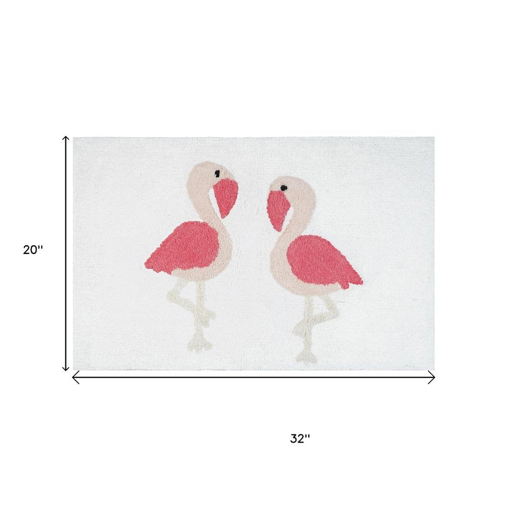 32" Pink And White Cotton Flamingo Bath Rug