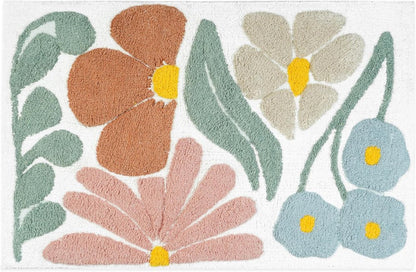 32" Light Blue Red And White Cotton Floral Bath Rug