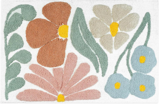 32" Light Blue Red And White Cotton Floral Bath Rug