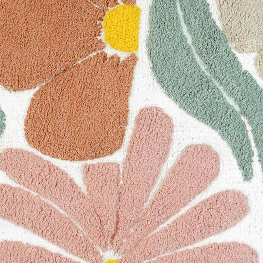 32" Light Blue Red And White Cotton Floral Bath Rug