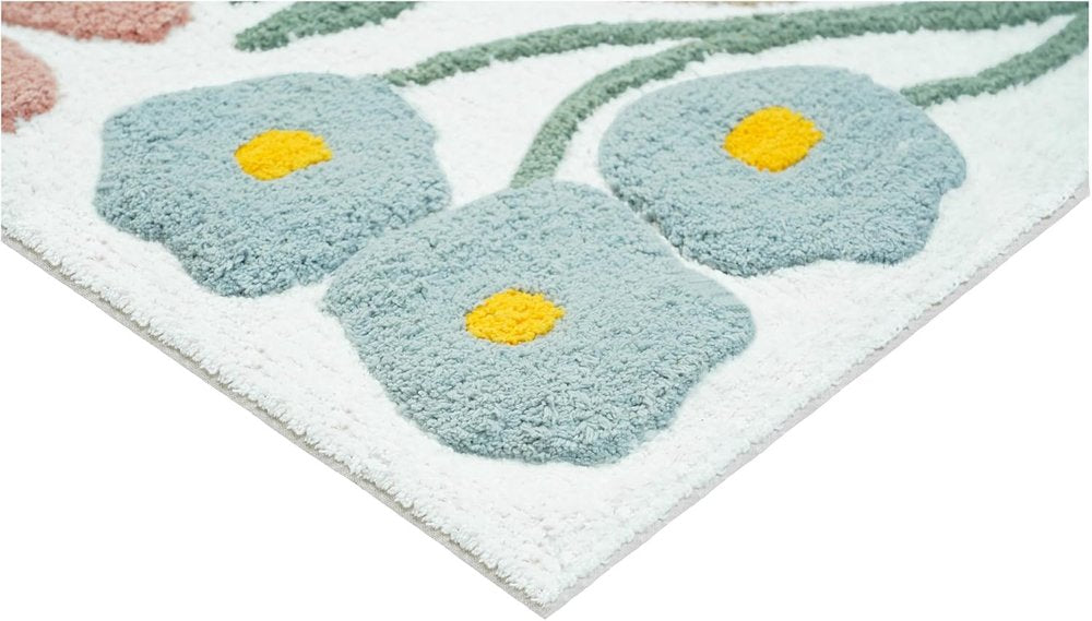 32" Light Blue Red And White Cotton Floral Bath Rug