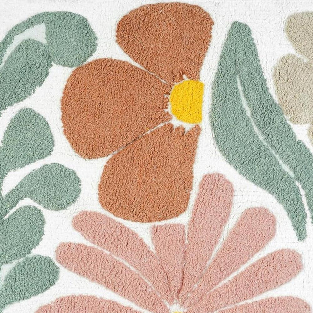 32" Light Blue Red And White Cotton Floral Bath Rug