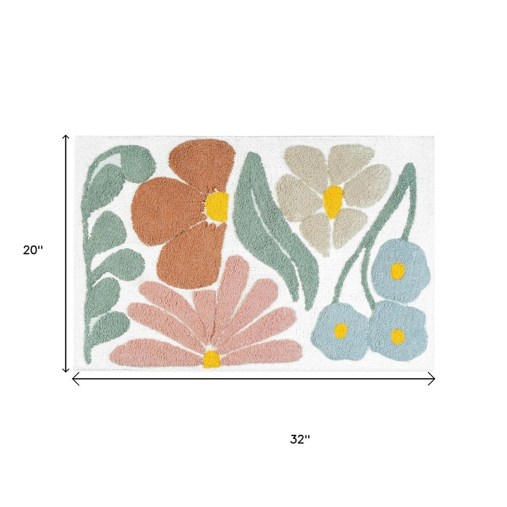 32" Light Blue Red And White Cotton Floral Bath Rug