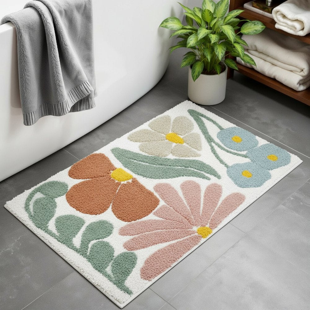 32" Light Blue Red And White Cotton Floral Bath Rug