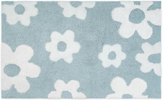 32" Blue And White Cotton Floral Bath Rug