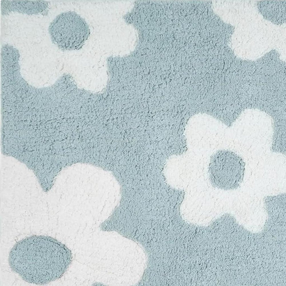 32" Blue And White Cotton Floral Bath Rug