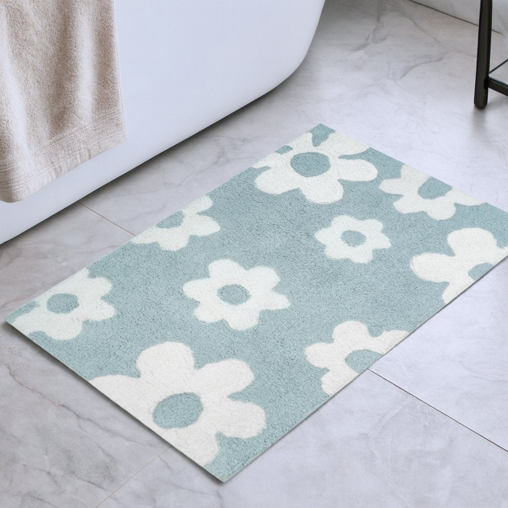 32" Blue And White Cotton Floral Bath Rug