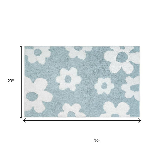32" Blue And White Cotton Floral Bath Rug