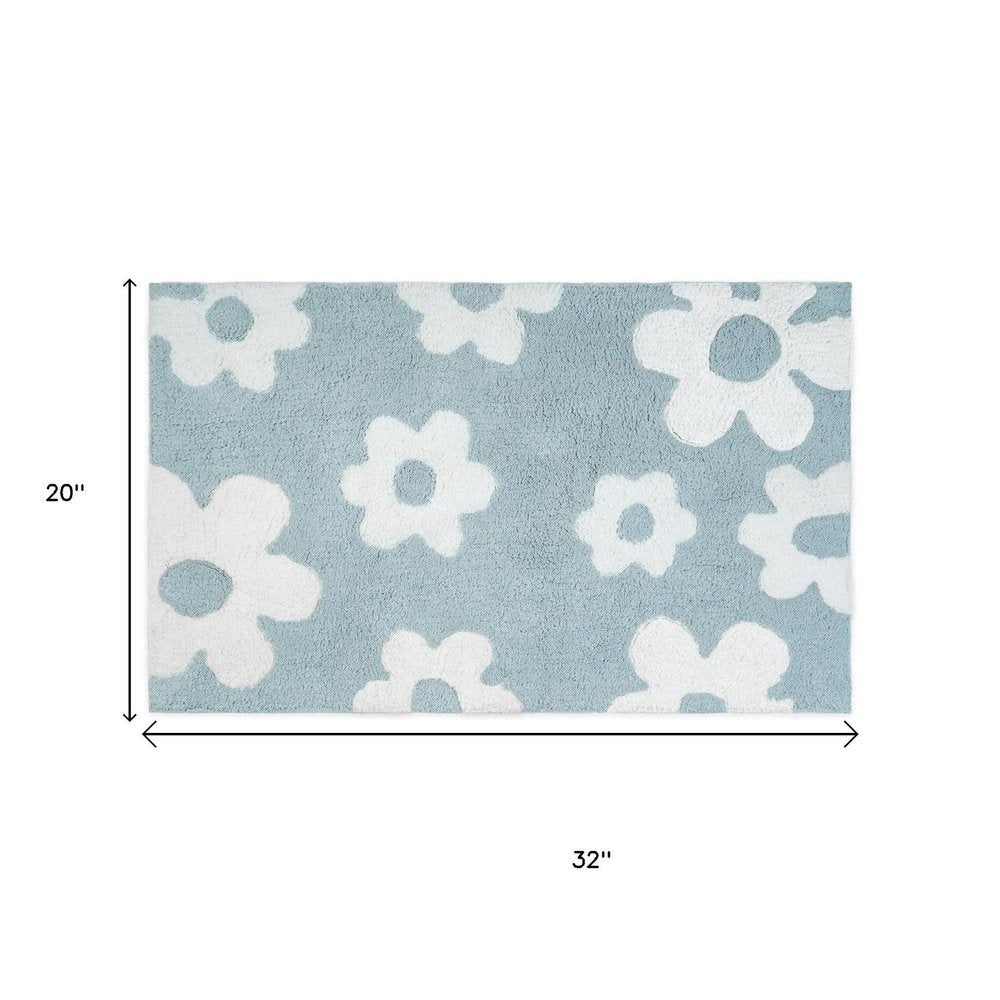32" Blue And White Cotton Floral Bath Rug