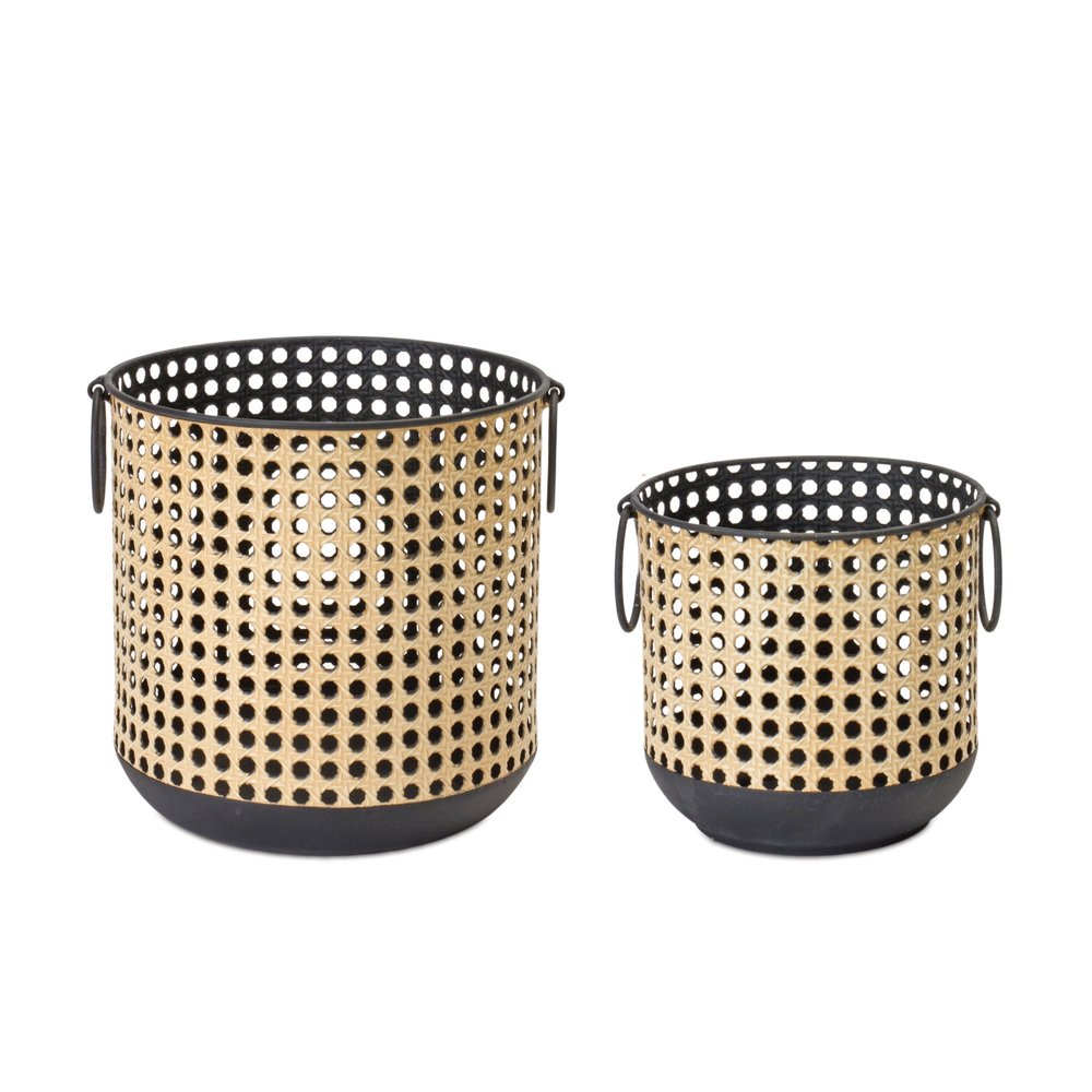 Set of Two Black And Brown Distressed Geometric Iron Tabletop Lantern Candle Holders