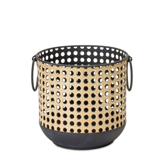 Set of Two Black And Brown Distressed Geometric Iron Tabletop Lantern Candle Holders