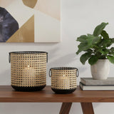 Set of Two Black And Brown Distressed Geometric Iron Tabletop Lantern Candle Holders