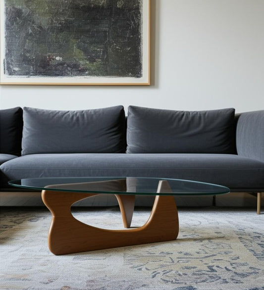 54" Clear and Brown Glass and Wood Triangle Abstract Coffee Table