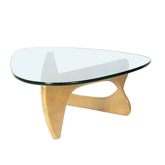 54" Clear and Natural Glass and Wood Triangle Abstract Coffee Table