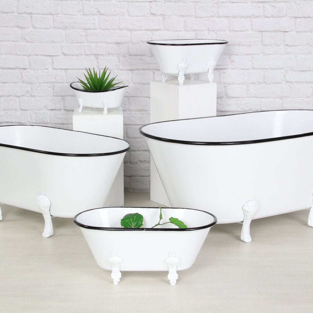 9" White White And Black Metal Hand Painted Decorative Tub