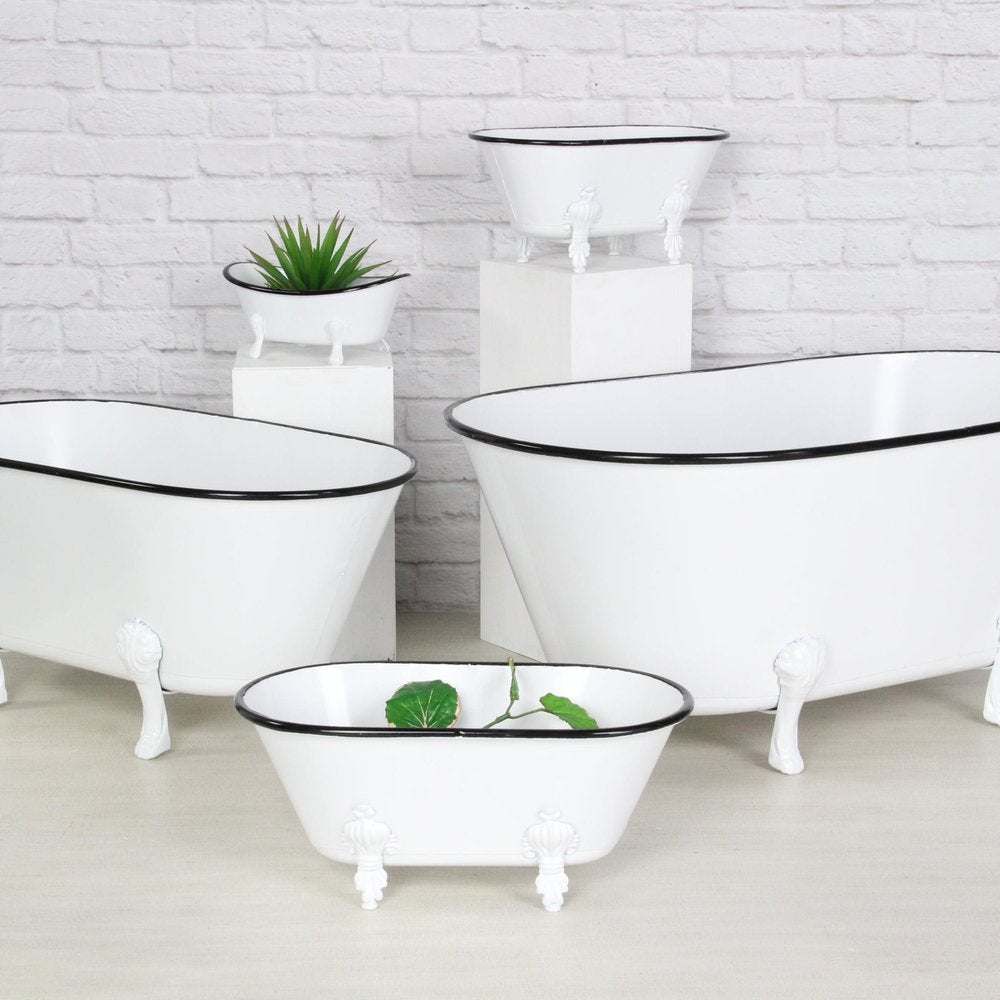 9" White White And Black Metal Hand Painted Decorative Tub