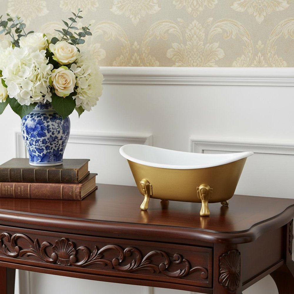 7" Gold And White Metal Hand Painted Decorative Tub