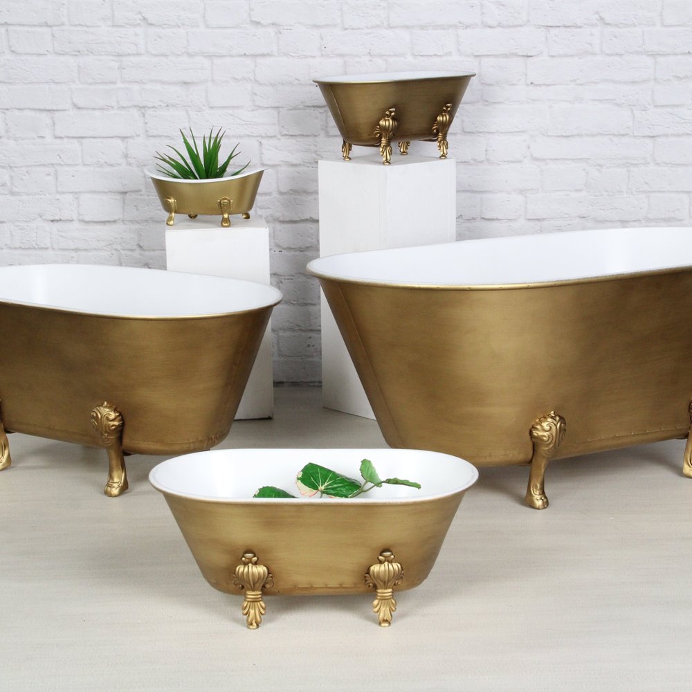 7" Gold And White Metal Hand Painted Decorative Tub