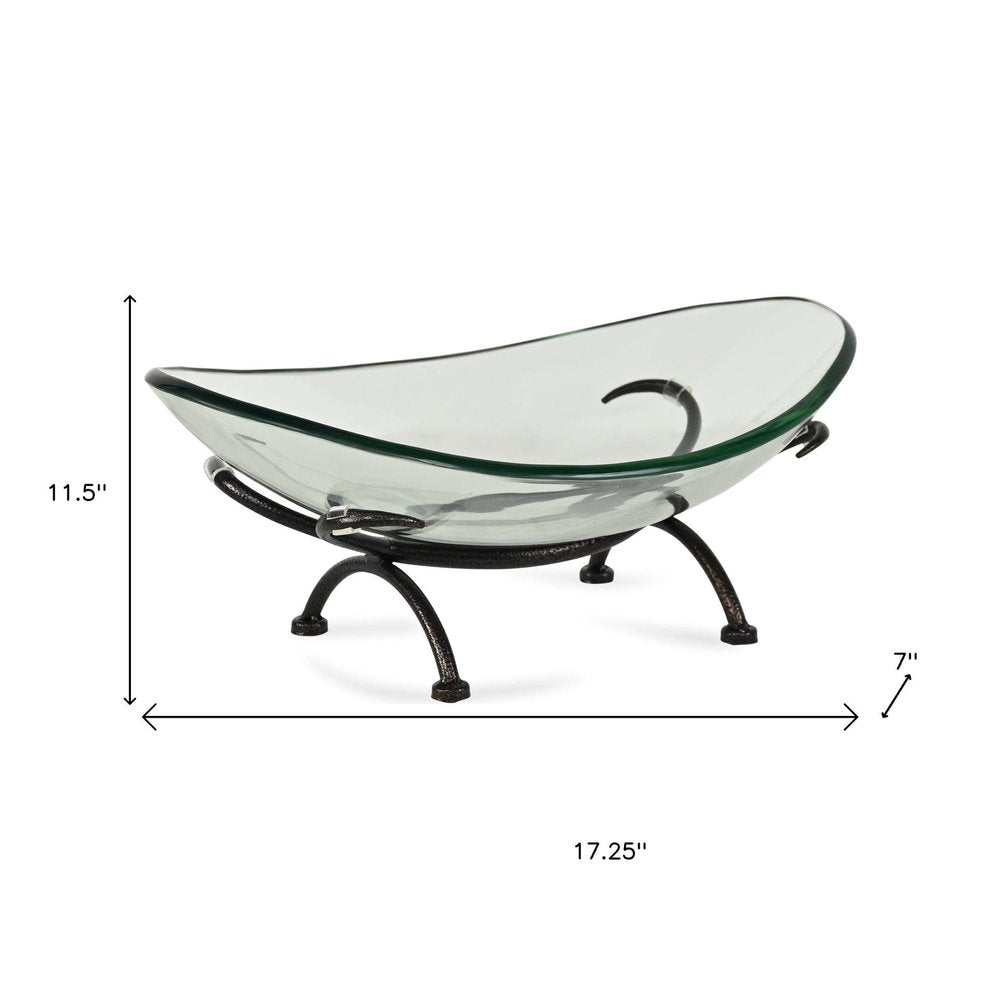 17" Clear And Black Glass And Metal Oval Decorative Bowl With Stand