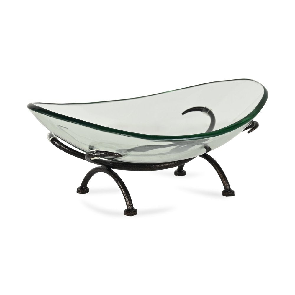 17" Clear And Black Glass And Metal Oval Decorative Bowl With Stand